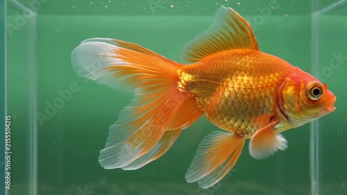 Graceful single goldfish swimming slowly underwater in clear aquarium water against a solid green screen background, full body side profile, ideal for chroma key compositing, 4K video
