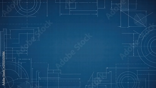 Engineering blueprint background with technical drawings, geometric measurements, construction lines, and precision grid for architecture, design, and mechanical planning