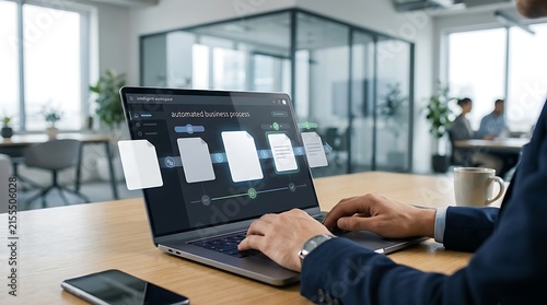 Professional working on a laptop with automated document processing interface in a modern office.