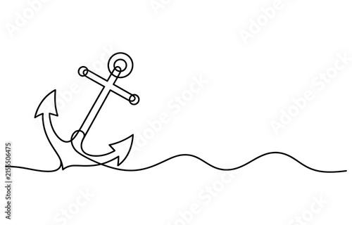 Continuous single line drawing of a nautical ship anchor with ocean wave Vector, illustration