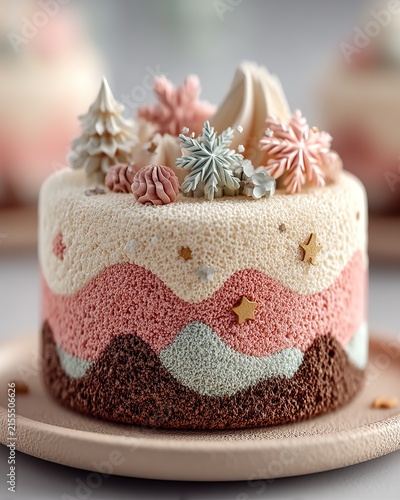 Whimsical winter cake with snowflake and tree decorations, festive confectionery