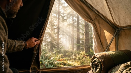 Man opening tent zipper looking at sunny pine forest camping