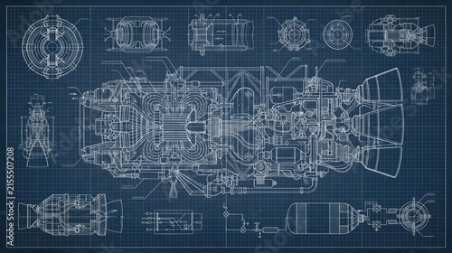 Detailed aircraft engine blueprint with cross section and technical component drawings. Engineering design schematic for aerospace mechanics, manufacturing, education, and innovation.