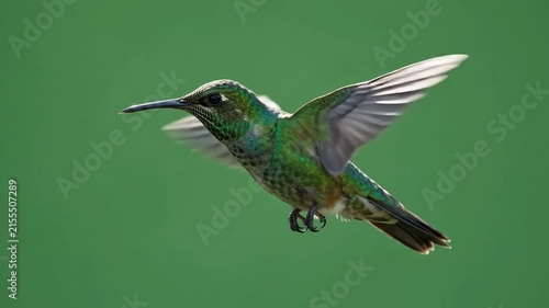 Hummingbird in Flight, with green iridescent feathers, isolated on a vibrant green screen background, perfect for wildlife documentaries and nature-themed projects