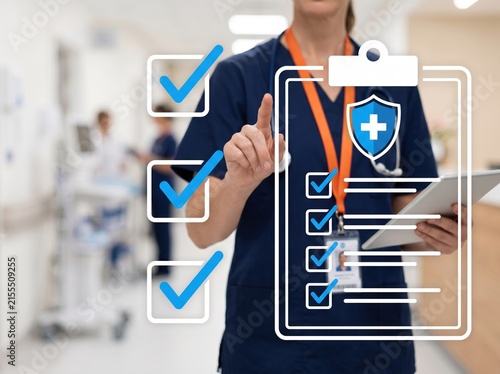 Healthcare worker in scrubs holds a tablet and taps a virtual checklist beside a medical clipboard icon with a cross and multiple blue check marks in a hospital corridor