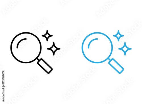 Search and discovery icon set with sparkles in black and blue outline style for digital interface design elements