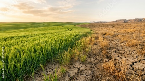 Climate change contrast between green fertile fields and cracked drought land