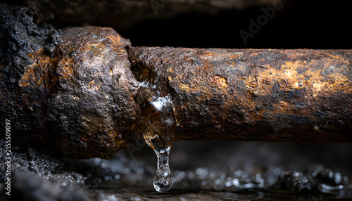 Leaking rusted cast iron sewer pipe drips water into wet mud inside dark crawlspace. Old corroded plumbing infrastructure breaks causing sewage flood damage under residential house basement. Damp