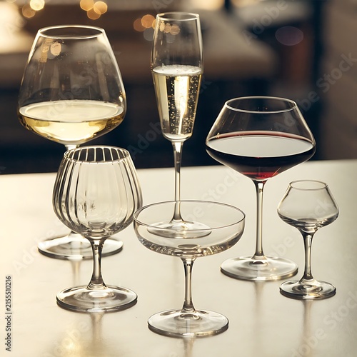 An elegant collection of assorted wine and champagne glasses filled with drinks on a softly lit surface.