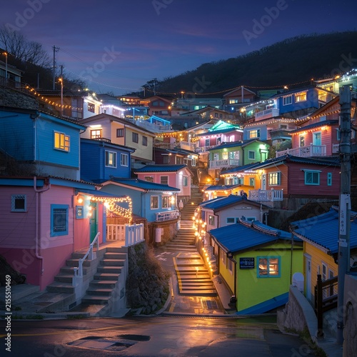 Illuminated Colorful Houses and Stairs in Traditional Korean Coastal Village
