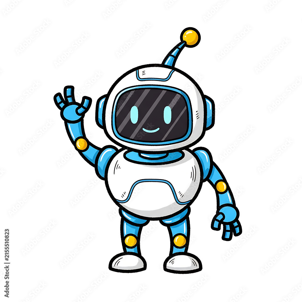 Obraz premium Cute AI Robot Waving Hand Doodle Mascot