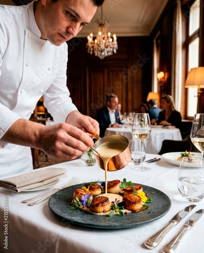 Fine dining chef pouring exquisite sauce over seared scallops in luxury restaurant setting.