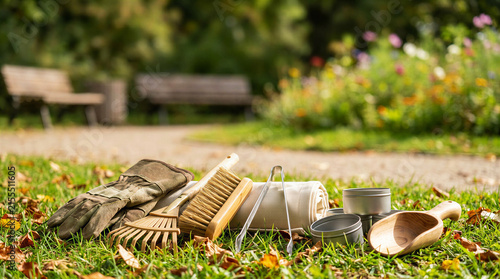 Eco friendly garden cleaning tools with gloves wooden rake metal tongs on grass