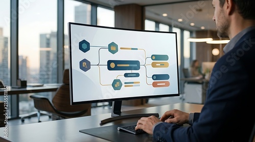 Professional businessman working on a computer screen displaying a complex organizational flowchart in a modern office.