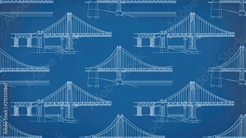 Repeating suspension bridge blueprint drawing pattern. Engineering design background with architectural line art for construction planning, infrastructure study, and technical presentation.