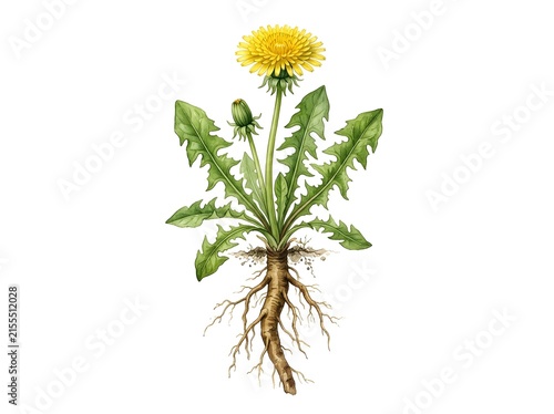 Dandelion Plant Watercolor Botanical Illustration Isolated on White Background