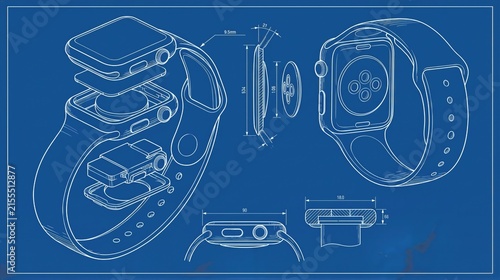 Technical blueprint drawing of a modern smartwatch with exploded components, dimensions and multiple orthographic views for product engineering and industrial design