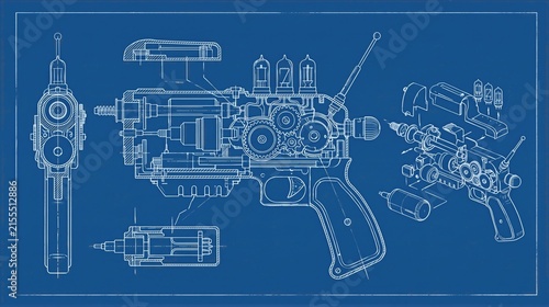 Technical blueprint showing a futuristic mechanical device with gears, internal components, sectional views, and detailed engineering design for research and concept development