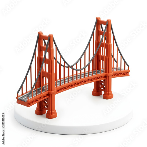 A 3D miniature Golden Gate Bridge with distinctive suspension towers, elegant cables, vibrant orange structure, and clean modern design, isolated beautifully on white.