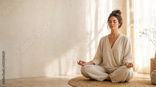 Serene Woman Meditating at Home in Morning Light with Large Copy Space