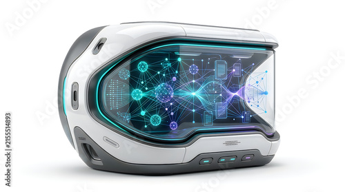 Futuristic smart augmented reality goggles with blue glowing interface. Next-generation AR headset. White and grey futuristic eyewear. Cyberpunk virtual reality glasses. isolated on White