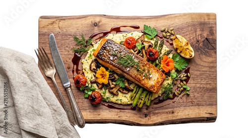 Gourmet grilled salmon fillet on wooden board, roasted fish steak with asparagus and tomatoes, elegant seafood dinner presentation isolated PNG with Transparent Background