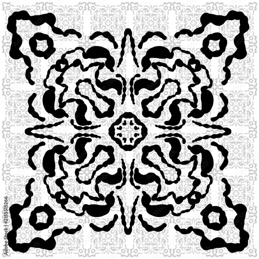 Fototapeta premium Symmetric Black and White Abstract Mandala Pattern Graphic Ornament Design for Textile Background and Decorative Arts