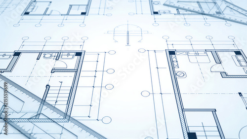 Architectural floor plan with building layout, room dimensions, bathroom design, and drafting ruler for construction planning and interior design documentation