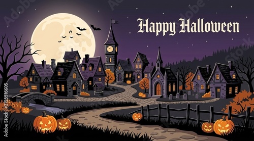 Spooky halloween night with glowing pumpkins, haunted houses, and flying bats haunted village jack-o'-lanterns