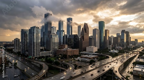 Houston city skyline at sunset with highway traffic.