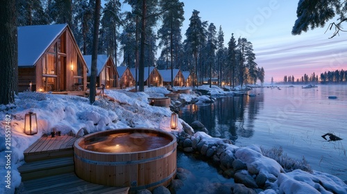 Cozy wooden cabins with hot tubs by a snowy lake at dusk