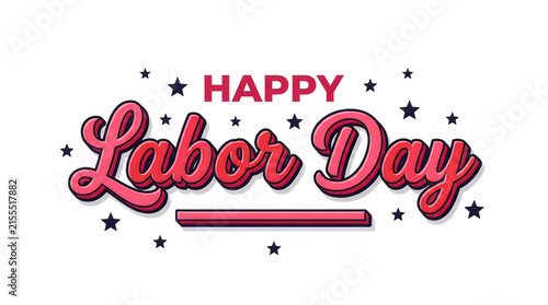 Happy labor day text design with pink textured lettering and decorative stars on a white background