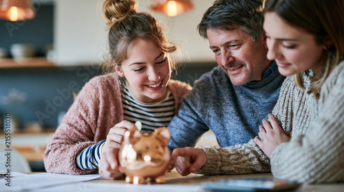Parents helping their adult daughter with the down payment for her first home, family discussing savings and financial support around a table, documents and calculator, warm