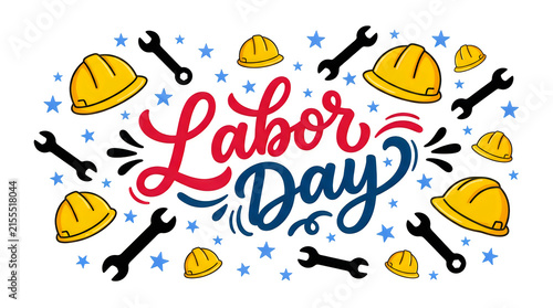 A vibrant labor day illustration features construction tools safety helmets and beautiful festive hand lettering design elements