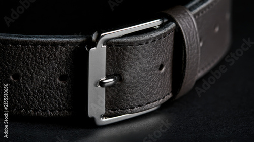 A brown leather belt is displayed on a dark surface. The close-up shows the texture of the leather and the design of the silver buckle. Attention is on the craftsmanship of the belt