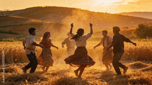 Group of villagers dancing in a golden wheat field during a joyful harvest celebration.