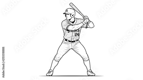 Baseball Player Ready to Hit, Black and White Line Art Illustration