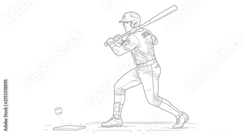 Baseball Player Swinging Bat at Ball - Line Art Illustration
