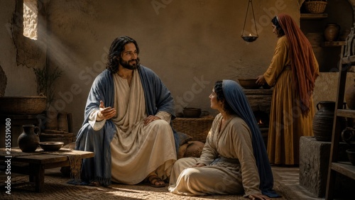 Jesus teaching Mary while Martha prepares a meal at home. Biblical scene from the Gospel of Luke illustrating spiritual attention, hospitality, service, and choosing the better part.