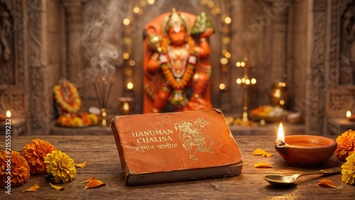 Hanuman Chalisa Book – Sacred Hindu Prayer Book in Temple Setting