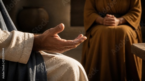 Jesus teaching Martha and Mary in a humble home, illustrating the biblical lesson of choosing spiritual devotion over worldly distraction and anxious service.