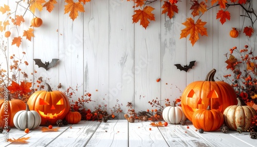Halloween theme on a white wood background.