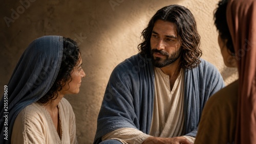 Jesus teaching Martha and Mary inside a humble home. Biblical scene about hospitality, service, spiritual devotion, and choosing attentive faith over worldly busyness.
