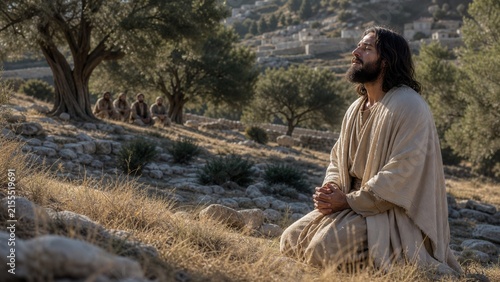 Jesus praying on a hillside among olive trees with disciples nearby. Biblical scene illustrating Luke 11 and the teaching of persistent prayer.