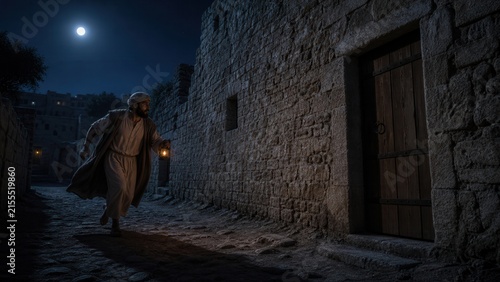 Biblical traveler carrying a lantern through a stone village at midnight to knock on a friends door. Parable of persistent prayer, hospitality, faith, and seeking help.