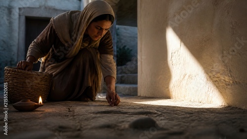 Biblical woman kneeling in prayer beside a woven basket and oil lamp inside a humble stone home. Spiritual devotion, persistence, faith, and daily bread concept from Luke chapter 11.