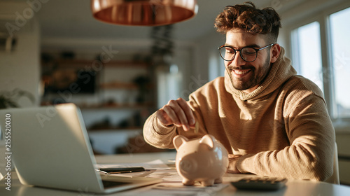Single man transferring part of his monthly income into savings for a future home down payment, sitting at a dining table with laptop, bank documents and calculator, realistic