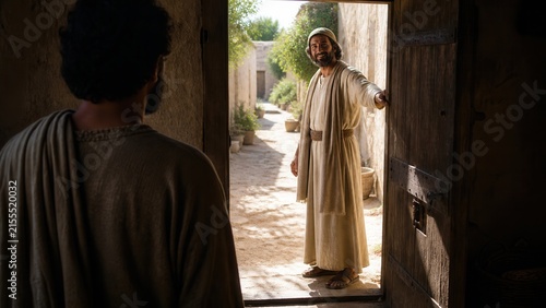 Biblical era man opening a wooden door to welcome a persistent nighttime visitor. Parable of asking, seeking, and knocking, hospitality, faith, and answered prayer.