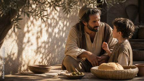 Biblical father embracing his son beside bread and olives. Ancient family scene expressing love, compassion, protection, and the promise of daily provision.