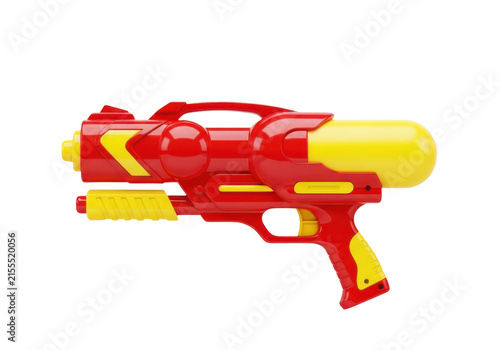 Red and yellow plastic water gun isolated on transparent background